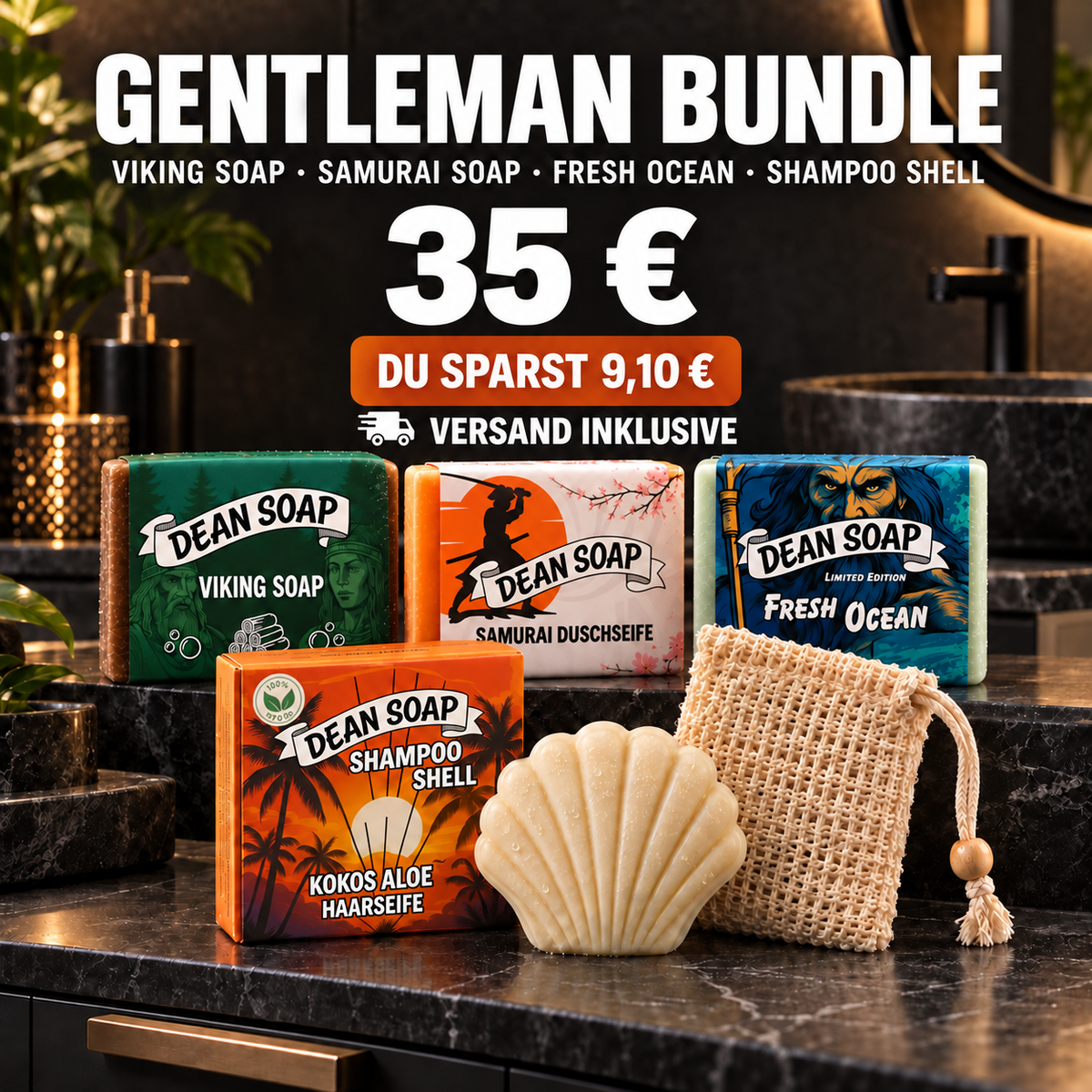 Gentleman Bundle – 3 Seifen, Shampoo & Sisal-Säckchen