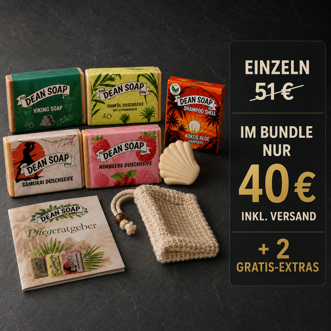 Pflegebundle – 4 Duschseifen, Shampoo, Extras & Versand